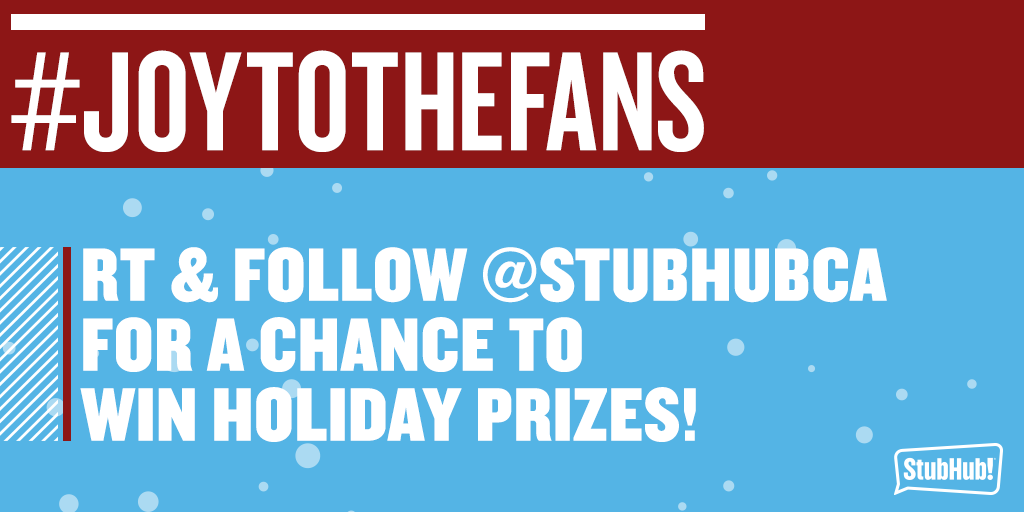 StubHubCA's tweet photo. December will be a month filled with holiday contests &amp; prizes. RT &amp; Follow @StubHubCA to play along! #JoyToTheFans https://t.co/1Tz3GwFwEO