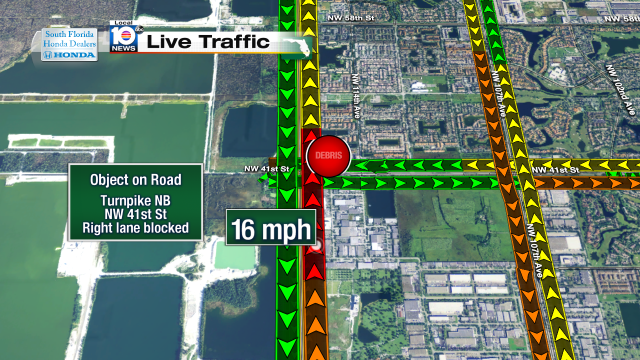 Debris on Turnpike NB at NW 41st St. Right lane blocked.16mph speeds #traffic #miami https://t.co/OsjScgwtH6