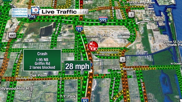 Crash on I-95 NB at Griffin Rd. 2 lanes blocked. Speeds at 28mph #traffic #daniabeach https://t.co/7aGqIzZFkN