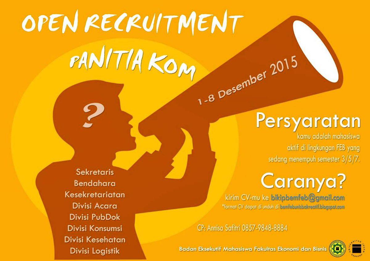 Bagi seluruh Mahasiswa aktif Fakultas Ekonomi dan Bisnis UNISBA semester 3/5/7 yang ingin menjadi panitia KOM