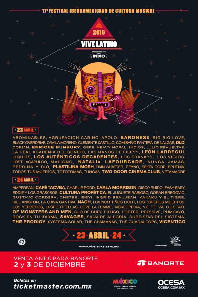 vivelatino's tweet photo. #YoVivoElVive con el póster de la decimoséptima edición del festival. Venta anticipada Banorte: 2 y 3 de dic. #VL16 https://t.co/f5yNhqAozM