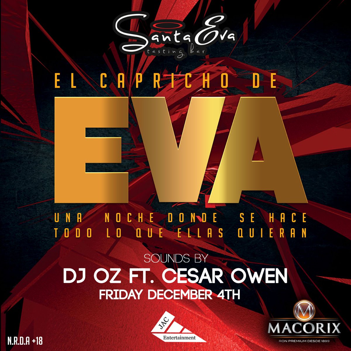 Jac_Events's tweet image. 04/12...Complaces a Eva? @santaevard beats by #djoz &amp;amp; @cesarowendj #indiedance #openformat invita @ronmacorix