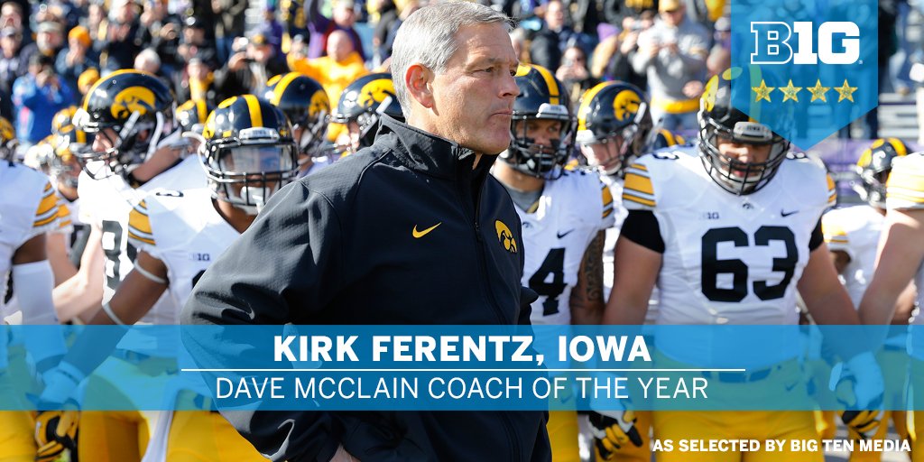 B1Gfootball's tweet photo. Kirk Ferentz of @HawkeyeFootball also named the 2015 Dave McClain Coach of the Year, as voted by #B1G media. https://t.co/puUbiHiLDb