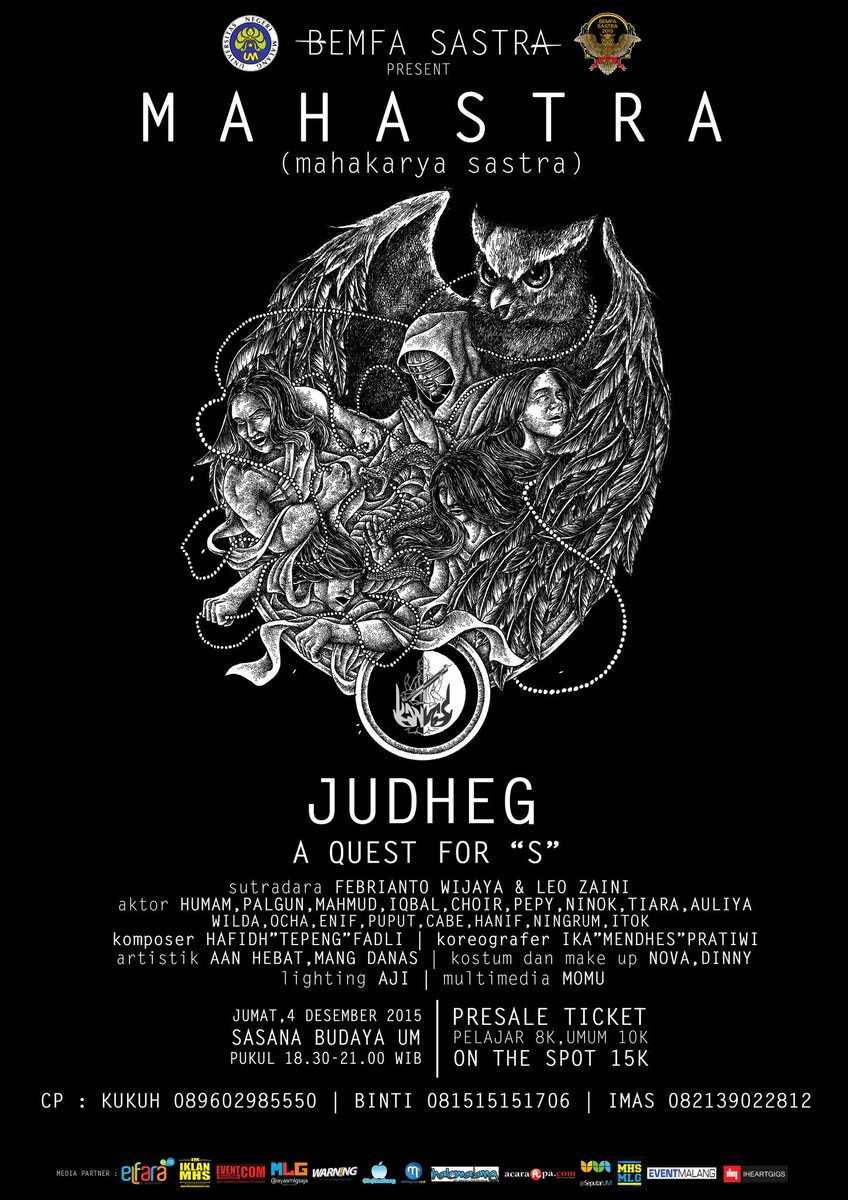 SastraMbois's tweet photo. KANVAS 2015|Mahastra|Sendratasik "JUDHEG"|Sasbud UM|4 Des 15, 18.00 WIB| HTM: Pljar 8K, Mhs/umum 10K https://t.co/N6ioqAMxhZ