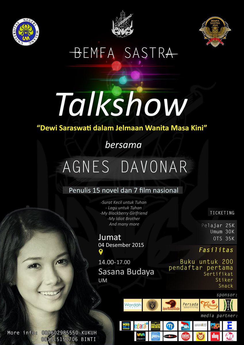 SastraMbois's tweet photo. KANVAS 2015|Talkshow "Agnes Davonar"|04 Des 15, 14.00 WIB| Sasbud UM|HTM: Pljr 25K, Mhs/umum 30K, OTS 35K https://t.co/bd65Ny9Bxx