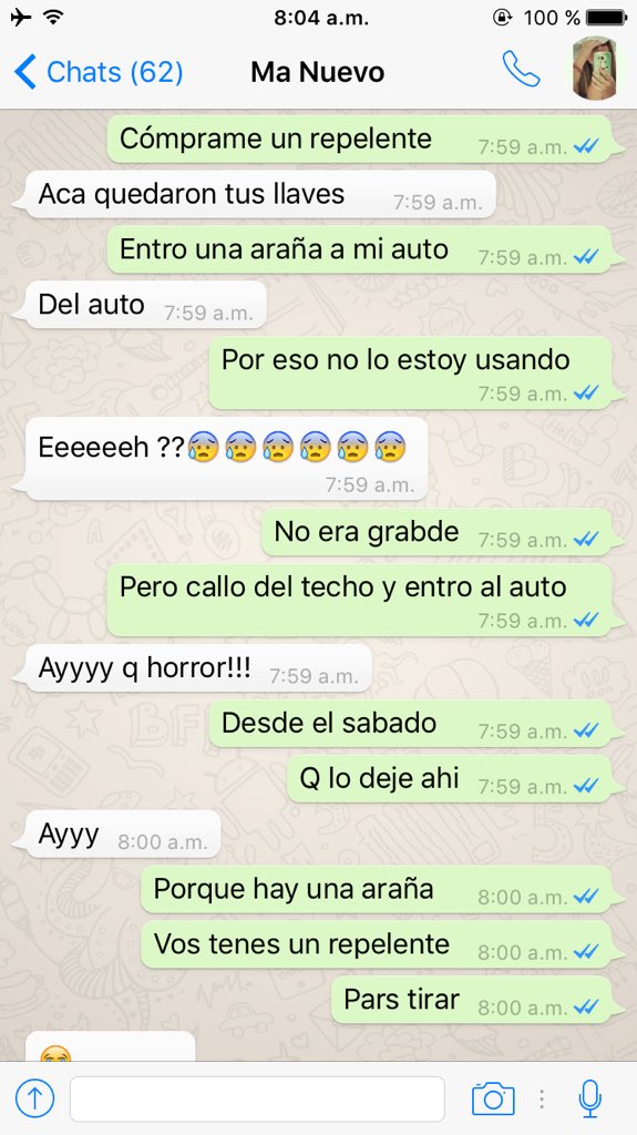 lionelferro's tweet photo. Desde el sábado que no uso mi auto porque entro una araña 😱...lean la historia jajaja ... Conversación con mi mama https://t.co/m9wfoHmJyu