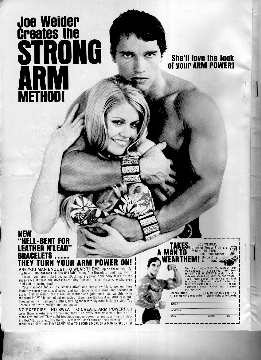 SFFAudio's tweet photo. 23 year old Arnold Schwarzenegger in a magazine ad (from MALE, June 1971) https://t.co/mgvVV0o2Rr