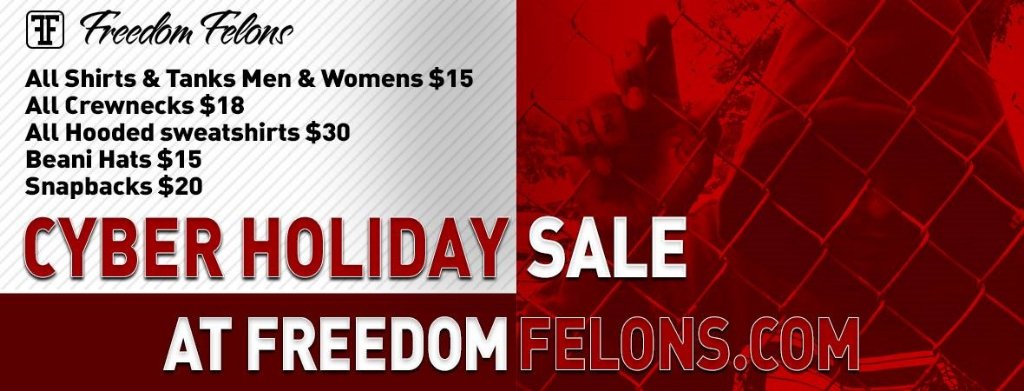 MikeyFelons's tweet photo. Don't forget to hit up the Cyber Holiday sale at https://t.co/1PLfHdArqx . Happy Holidays from #FreedomFelons https://t.co/EJMlG4w53g