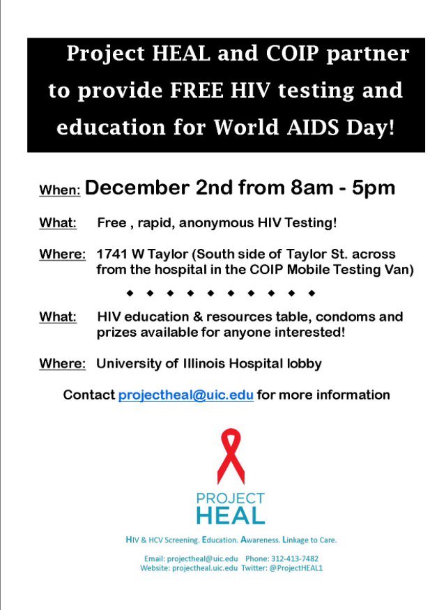 ProjectHEAL1's tweet image. Join Project HEAL tomorrow, Dec 2, for FREE HIV testing &amp;amp; education for #WorldAIDSDay at 1741 W Taylor from 8am-5pm!