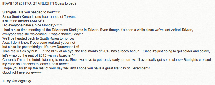 VIXXGalaxy's tweet photo. [RAVI] 151201 [TO. ST★RLIGHT] Going to bed? https://t.co/2gpRk4KWJW https://t.co/ghit26hXPE