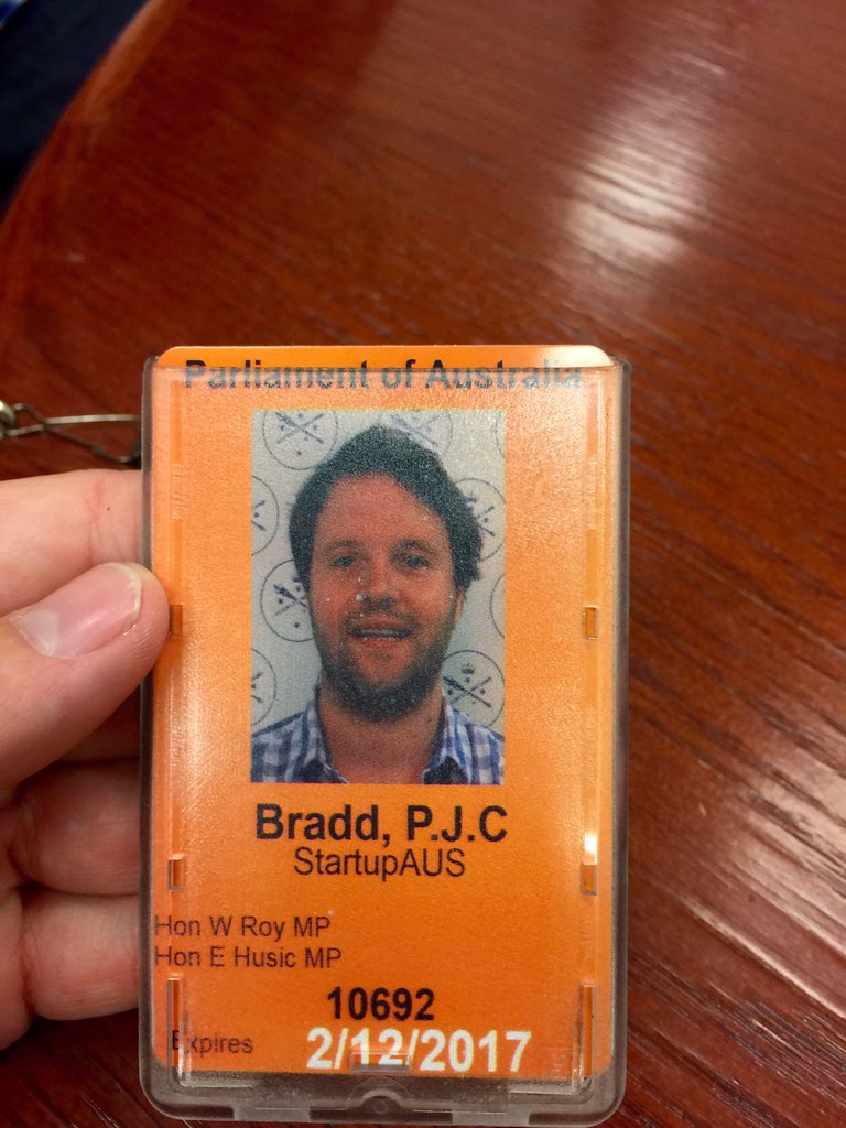 WyattBRoy's tweet photo. @peterbradd 's new parliamentary pass- sponsored by @edhusicMP &amp; I... Feeling the bi-partisan innovation love! https://t.co/xPNcSl7q0h