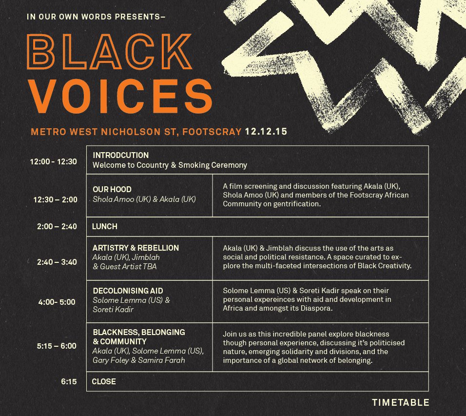 inourownwords's tweet photo. #BlackVoices | Here's an updated timetable of the workshops and activities on at Black Voices. #ioow https://t.co/XoESzbq1LX