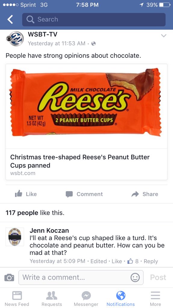 Jenn_d0e's tweet photo. Swaying the masses... One "I'll eat a turd shaped Reece's" statement at a time.. My mom is proud. #Reesestree https://t.co/kC4w7I7CVg