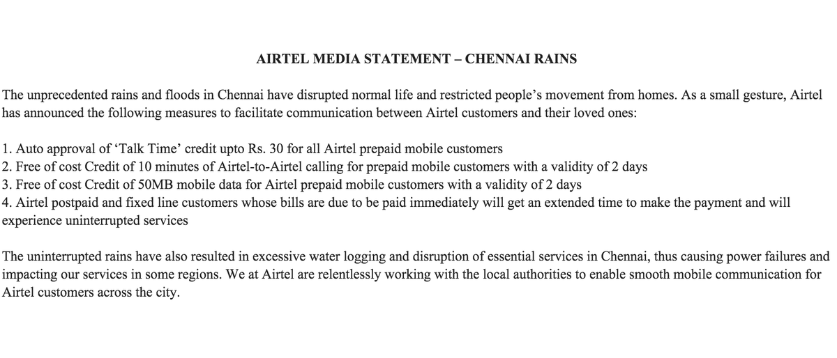 amitbhawani's tweet photo. . @airtelindia has issued a Media Statement on #chennairains 
Free talk time upto Rs 30, 50MB Data @airtelnews https://t.co/qlmTGi258T