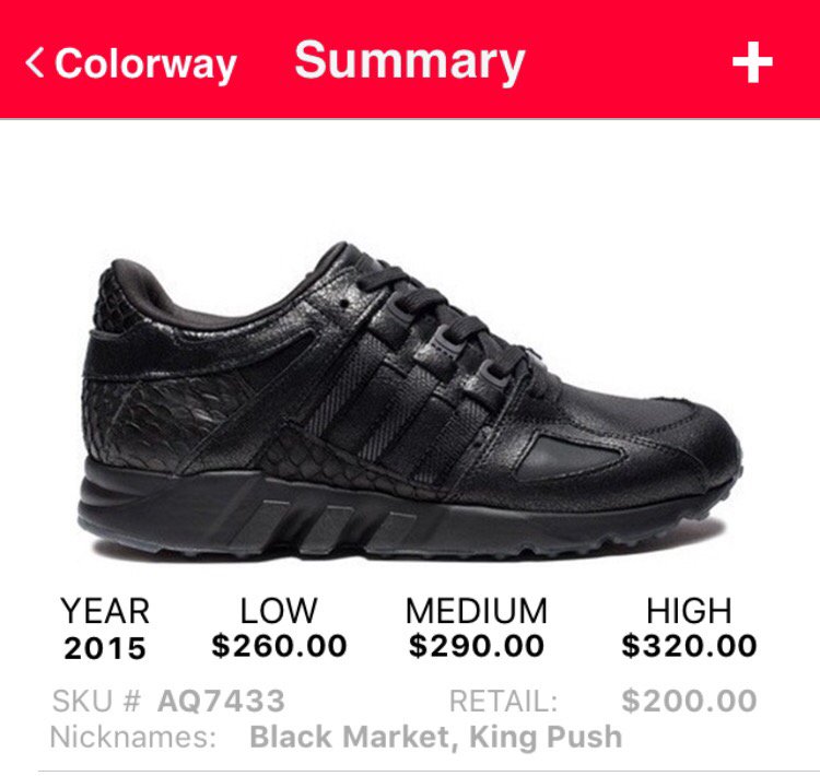 SneakerInfoApp's tweet photo. adidas Originals EQT King Push "Black Market" just added to the Price Guide.

Retail: $200
Low: $260
High: $320 https://t.co/FiTXgOe8Tj