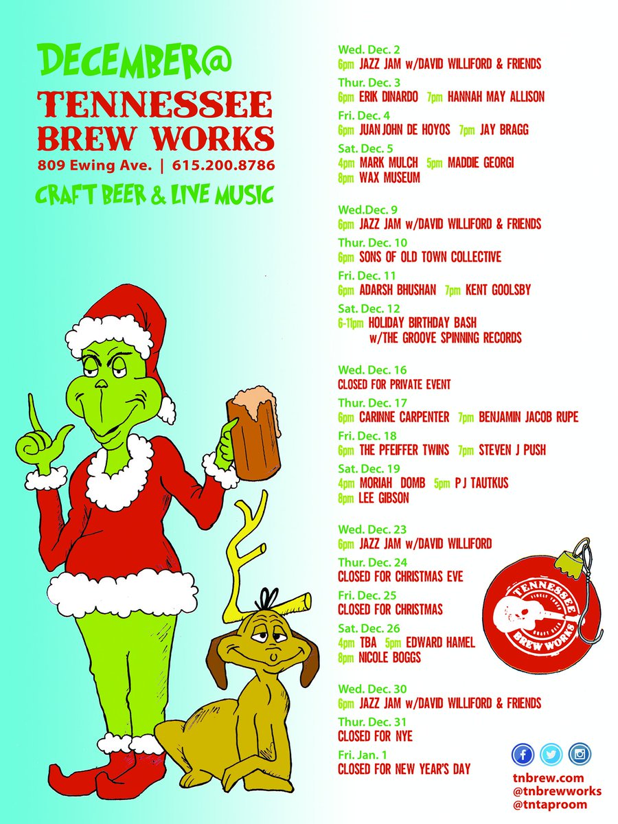 TNBrewWorks's tweet photo. #CraftBeer &amp; Live #Music throughout December at our @TNTapRoom! #KingChestnut #tnbeer
https://t.co/MM6lMFnOz9 https://t.co/oyxnlgn0UJ