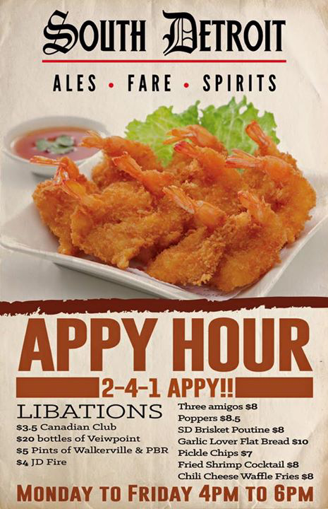 rosecityparty's tweet photo. Hit "Appy Hour" @southdetroit255 today! Some Great Food and Drink Specials! Check it! @WindsorExpress @CBCWindsor https://t.co/g11LlXqp2U