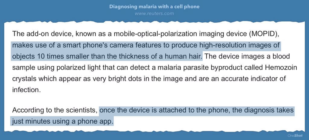 SuB8u's tweet photo. Diagnosing malaria with the same level of accuracy as a hi-tech lab. Using a smartphone. 
https://t.co/iu9dkr2R1s https://t.co/yR9oSvo2lq