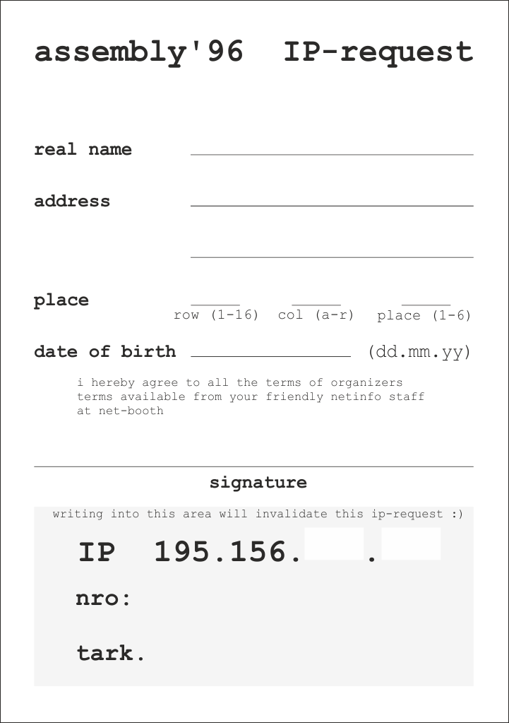 assemblyparty's tweet photo. #asmparty Advent calendar 2015 -  day 2
IP Request form from year 1996.
You had to queue to get your own IP. https://t.co/rTdffJJdef