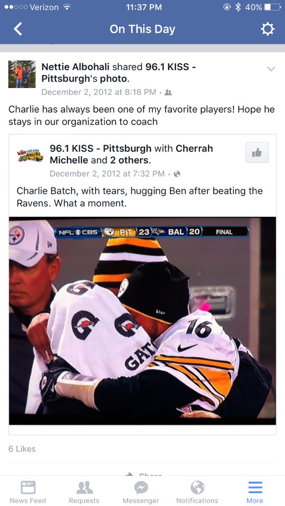 Net_tie's tweet photo. Hey @CharlieBatch16 look what popped up on my newsfeed! 3 years ago today!! #SteelersNation #GreatBackup https://t.co/feYuwotMxa