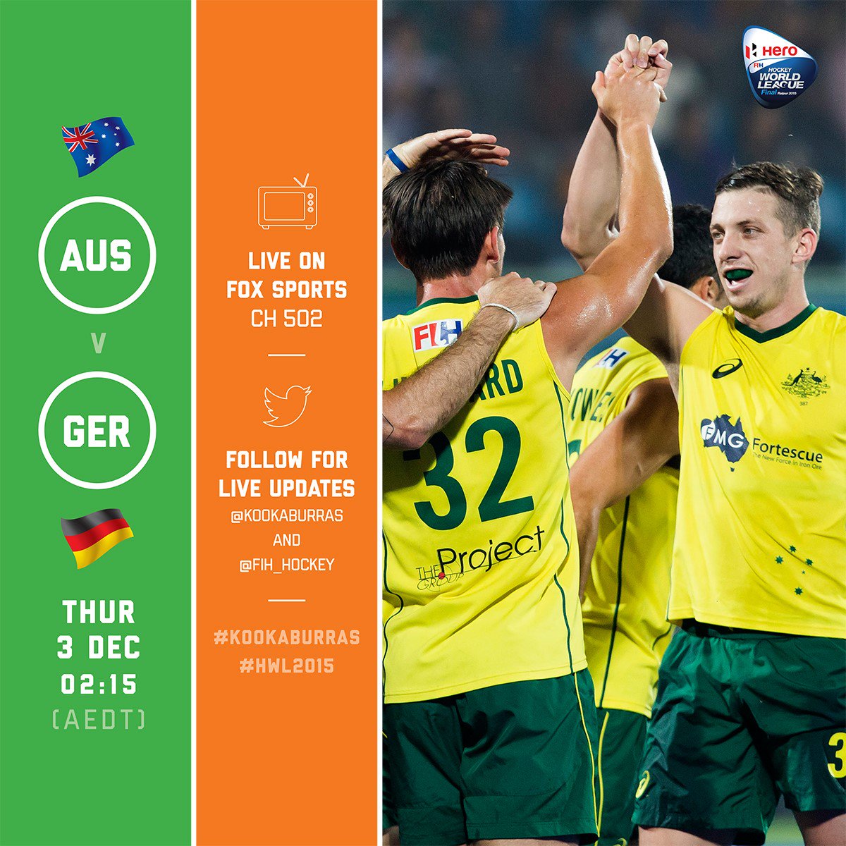 Kookaburras's tweet photo. Small matter of World Champs v Olympic Champs tonight. Watch liveon @FOXSportsAUS Ch502. #HWL2015 https://t.co/oMNjPDtuy9