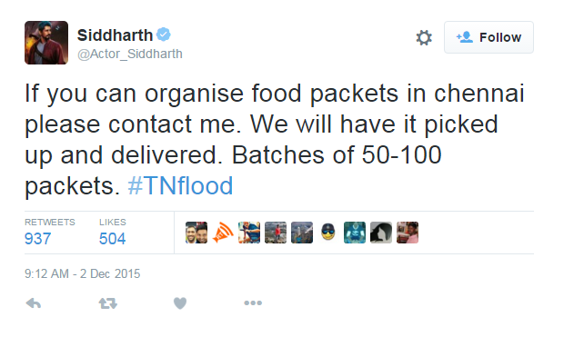 CNNnews18's tweet photo. : @Actor_Siddharth tweets on #ChennaiRainsHelp https://t.co/qWzUVB1ZK9