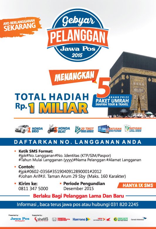 jawaposevent's tweet photo. Ikuti Gebyar Pelanggan Jawa Pos 2015. Menangkan total hadiah Rp 1 Miliar. Tunggu apa lagi? Segera langganan skrg! https://t.co/pYcC60at8I