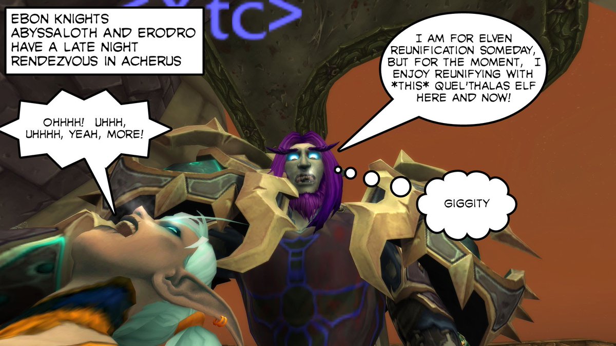 Comradebanana's tweet image. #DeathKnight #Abyssaloth has some sport with another elven DK in #Acherus, but she isn't even a #Kaldorei! @OissaED