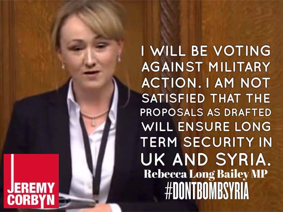 ForTheMany2020's tweet photo. "I will be voting against military action" @RLong_Bailey #dontbombsyria https://t.co/3atCrFvHJU