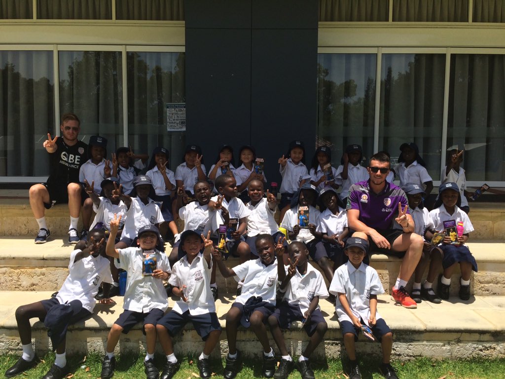 PGFCommunity's tweet photo. StevePurton &amp; @ScottRobertson5 at Majella PS this morning, teaching pre primary, yr 1 &amp; 2 #westvrest #perthgloryfc https://t.co/76WbvhIBnD