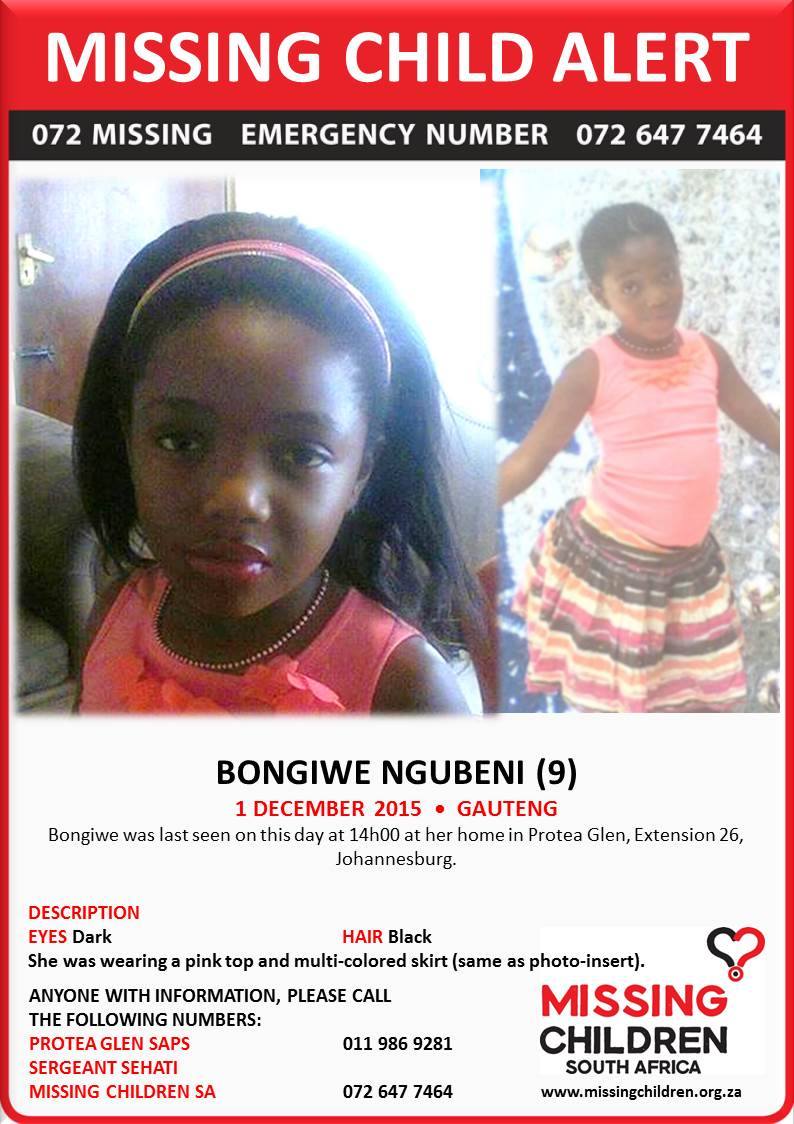 UlrichJvV's tweet photo. MISSING GIRL: Bongiwe Ngubeni (9), last seen 1 December in Protea Glen, Johannesburg. ☏ 011 986 9281 #ChildrenMatter https://t.co/w9ts6iUXpT