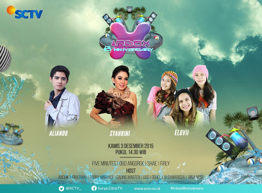 SCTV's tweet photo. Besok @PrincesSyahrini @elovii_id @myanggrekFC @FirlyFirlana &amp; DJ Arida di #INBOX8nniversary , LIVE pkl 14.30 WIB https://t.co/4R8aTz4lZT