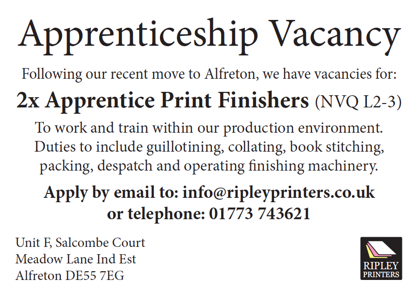 ripleyprinters's tweet photo. #Apprenticeship #vacancy #alfreton #ripley #printing https://t.co/P6JEvORf7y