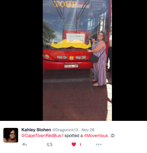 CapeTownRedBus's tweet photo. Congratulations to @Dragonink13 who spotted a #Movembus and shared her photo with us on Twitter &amp; Facebook #RedBusSA https://t.co/k1RUC3k3US