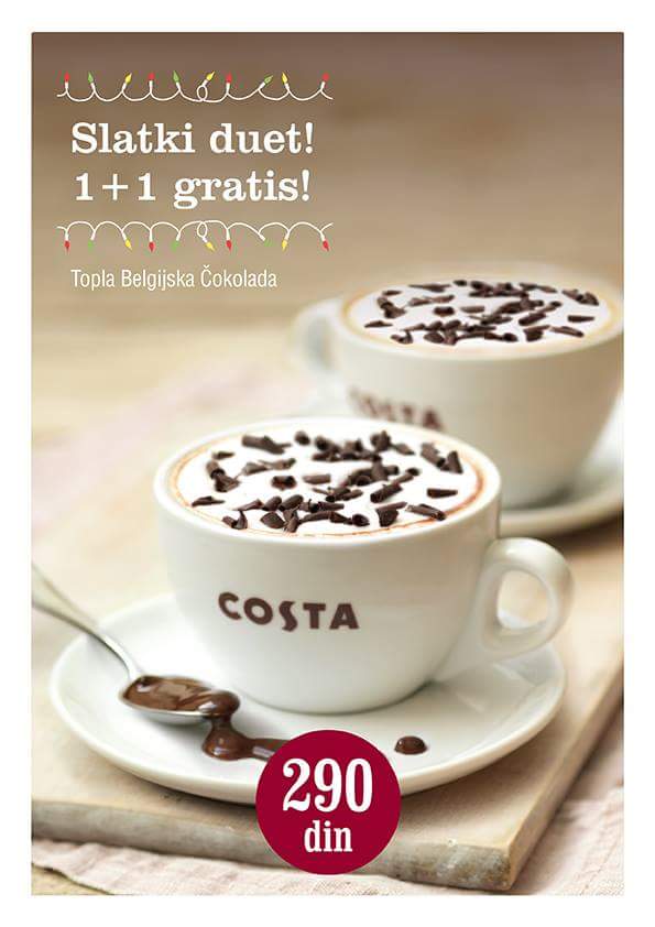 CostaCoffeeRS's tweet photo. Fantastično! Dve tople Belgijske čokolade za 290 din! #costacoffee #sweetduet https://t.co/ABuMVIAnB4