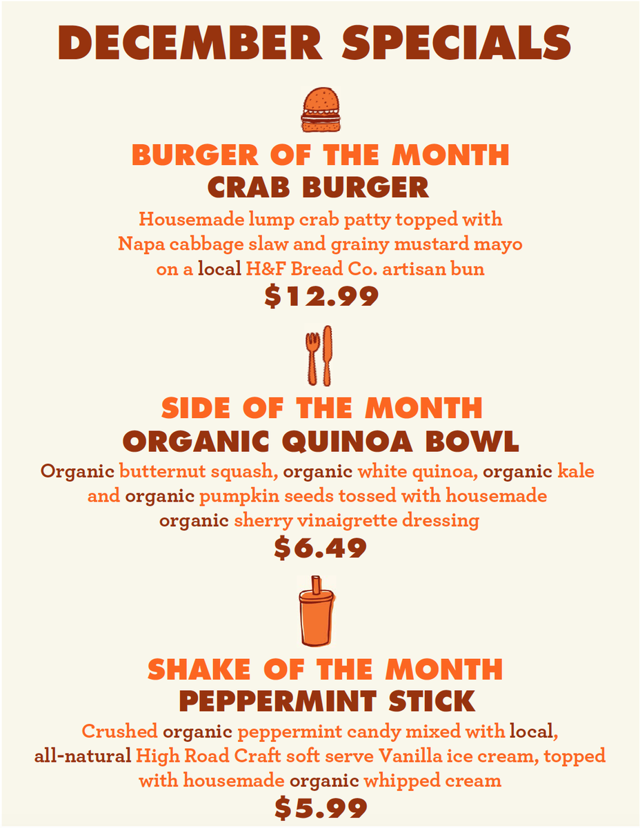 YEAHBURGER's tweet photo. MONTHLY SPECIALS: They're sure to get you in the holiday spirit this month. Don't miss them! #YEAHBURGER https://t.co/vuVk6LkjEk