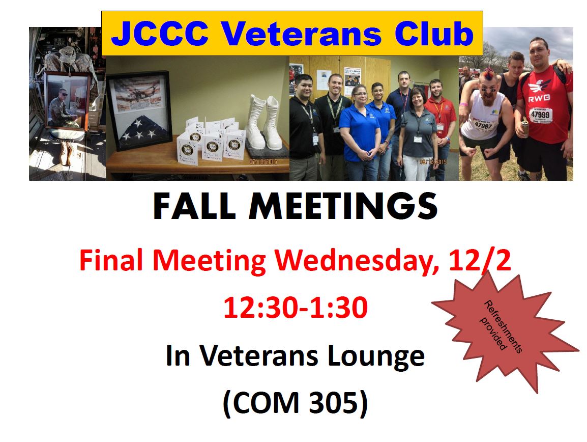 JCCCVeteranSvcs's tweet image. ***DON&apos;T FORGET!***

Final Veteran&apos;s Club Meeting Wednesday at 12:30 pm!

Refreshments will be served!
