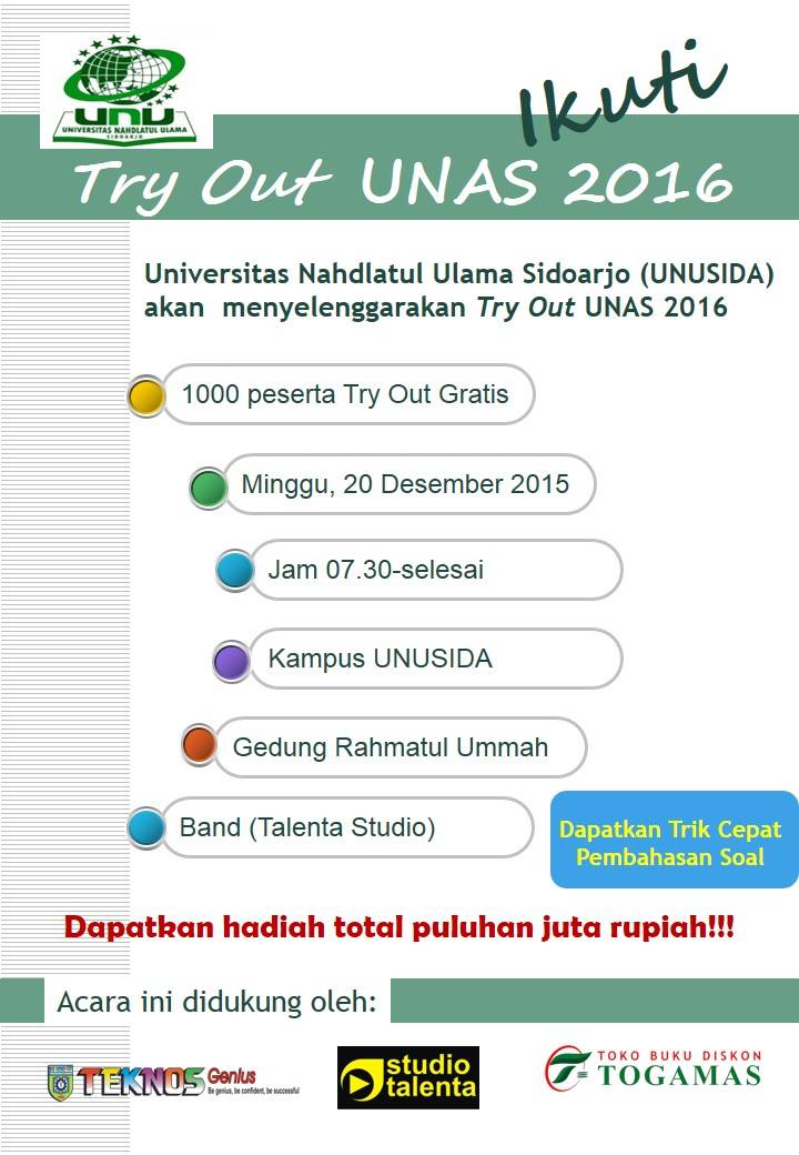 Try out UNAS 2016
Ikut yuukk
Gratiss
Cp : WA 082233664676
<a href="/ftunusida/">F. Teknik Unusida</a> <a href="/UNUSIDA/">Unu Sidoarjo</a> 
#tryout  #unusida  #sidoarjo
