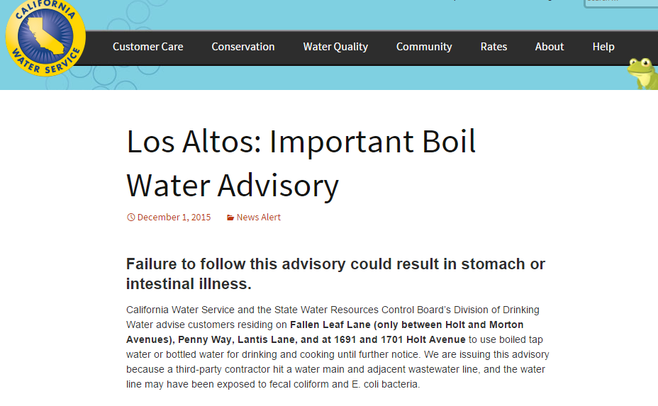 KrisNBC's tweet photo. "Failure to follow this advisory could result in stomach or intestinal illness." - re #CalWater break in #LosAltos https://t.co/tk37CmW4Ii