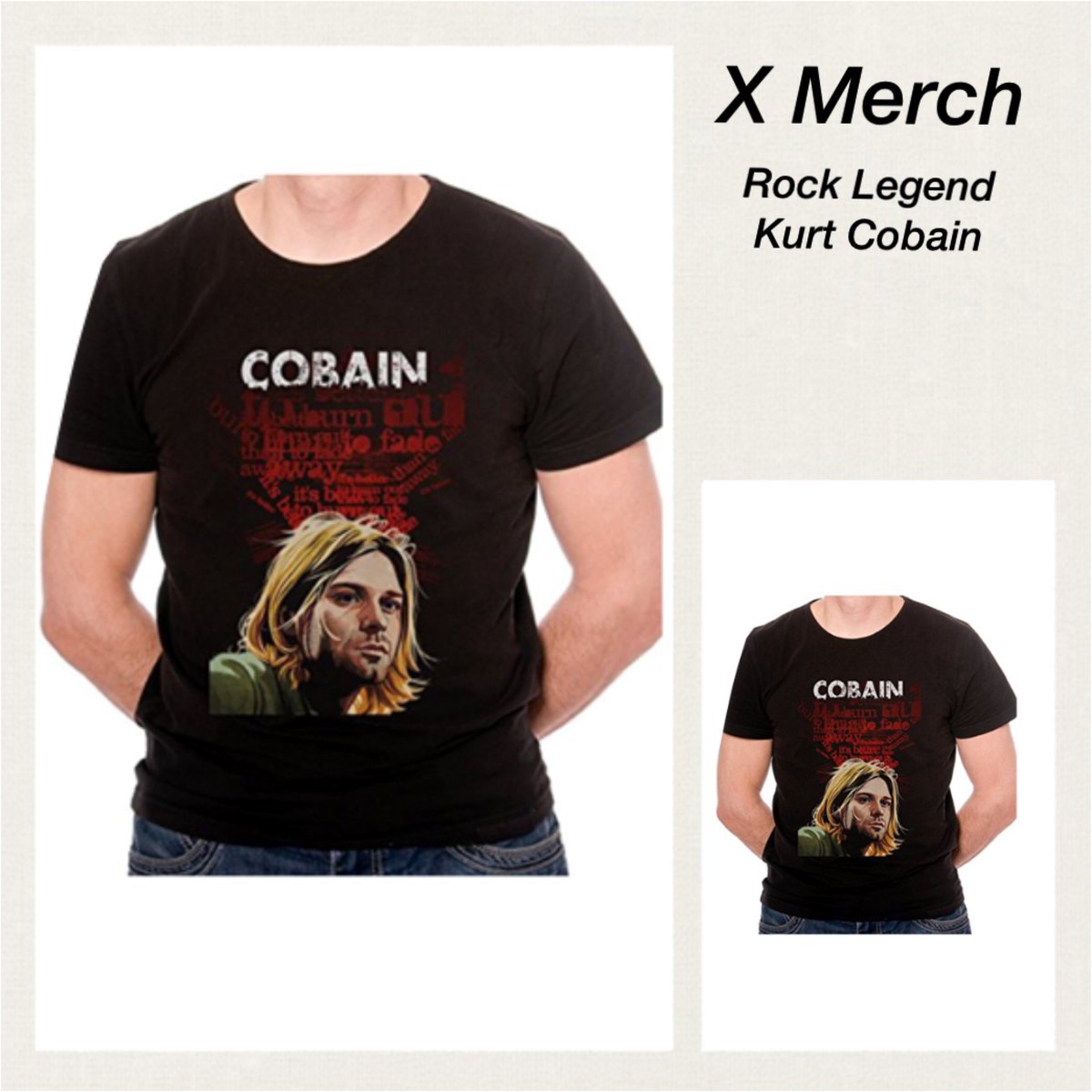 X_Merchandise's tweet photo. Rock Legend Kurt Cobain from Nirvana Limited Edition T-shirt 

Available here https://t.co/p2YjHbzUSn https://t.co/65BoOHpM0W