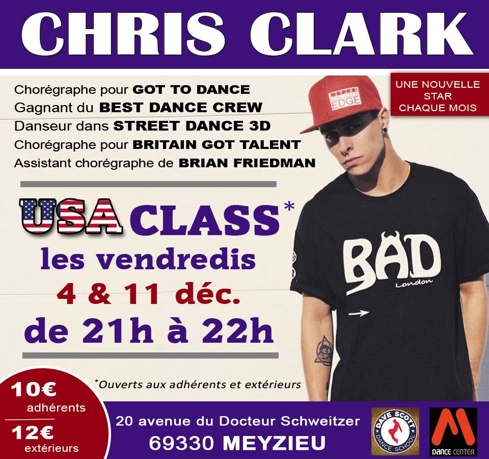 MarkadasDance's tweet photo. Changement de date pour la class avec @ChrisClark1991 : vendredi 4 & 11 dรฉc. de 21h00 ร 22h00 :-) #usaclass #dance https://t.co/Ja22vh7qCl