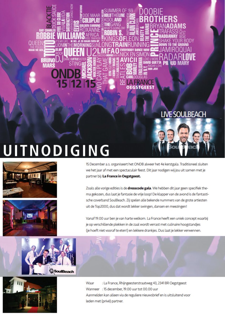 15 Dec 2015 staat het <a href="/_ONDB/">ONDB</a> Kerstgala op het programma. Ditmaal bij @LaFrance_VLHG met waanzinnige band <a href="/Soulbeach/">Soulbeach</a>!