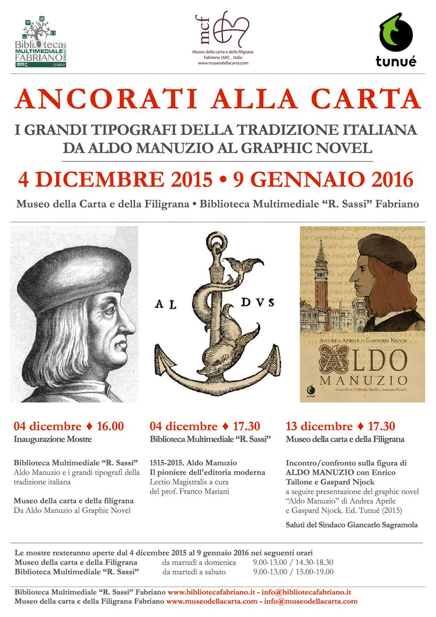 ANCORATI ALLA CARTA - Da #AldoManuzio al #GraphicNovel
dal 04/12 al 09/01 presso <a href="/bibliofabriano/">Biblioteca Fabriano</a> e <a href="/cartafabriano/">Museo Carta Fabriano</a>