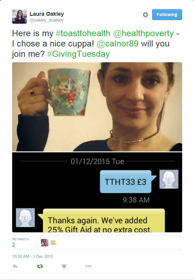 HealthPoverty's tweet photo. Many denied right to health. Share yr #toasttohealth selfie + text TTHT33 ยฃ3 to 70070 & give ยฃ3 to @HealthPoverty https://t.co/2j6CBHdixz