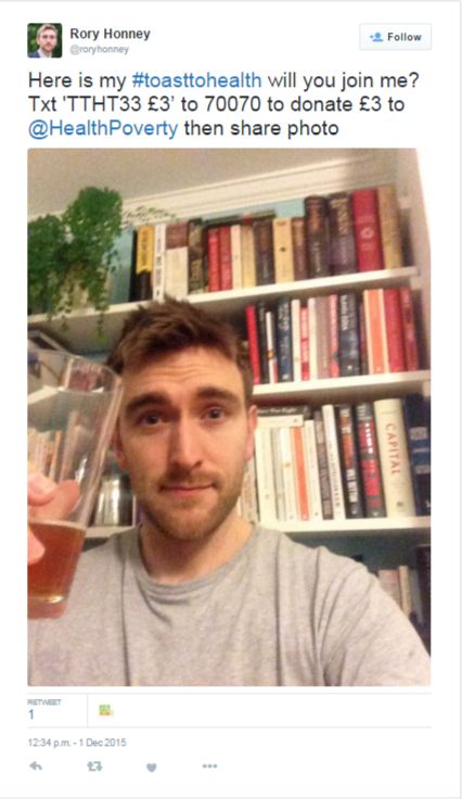 HealthPoverty's tweet photo. Many denied right to health. Share yr #toasttohealth selfie + text TTHT33 ยฃ3 to 70070 & give ยฃ3 to @HealthPoverty https://t.co/2j6CBHdixz
