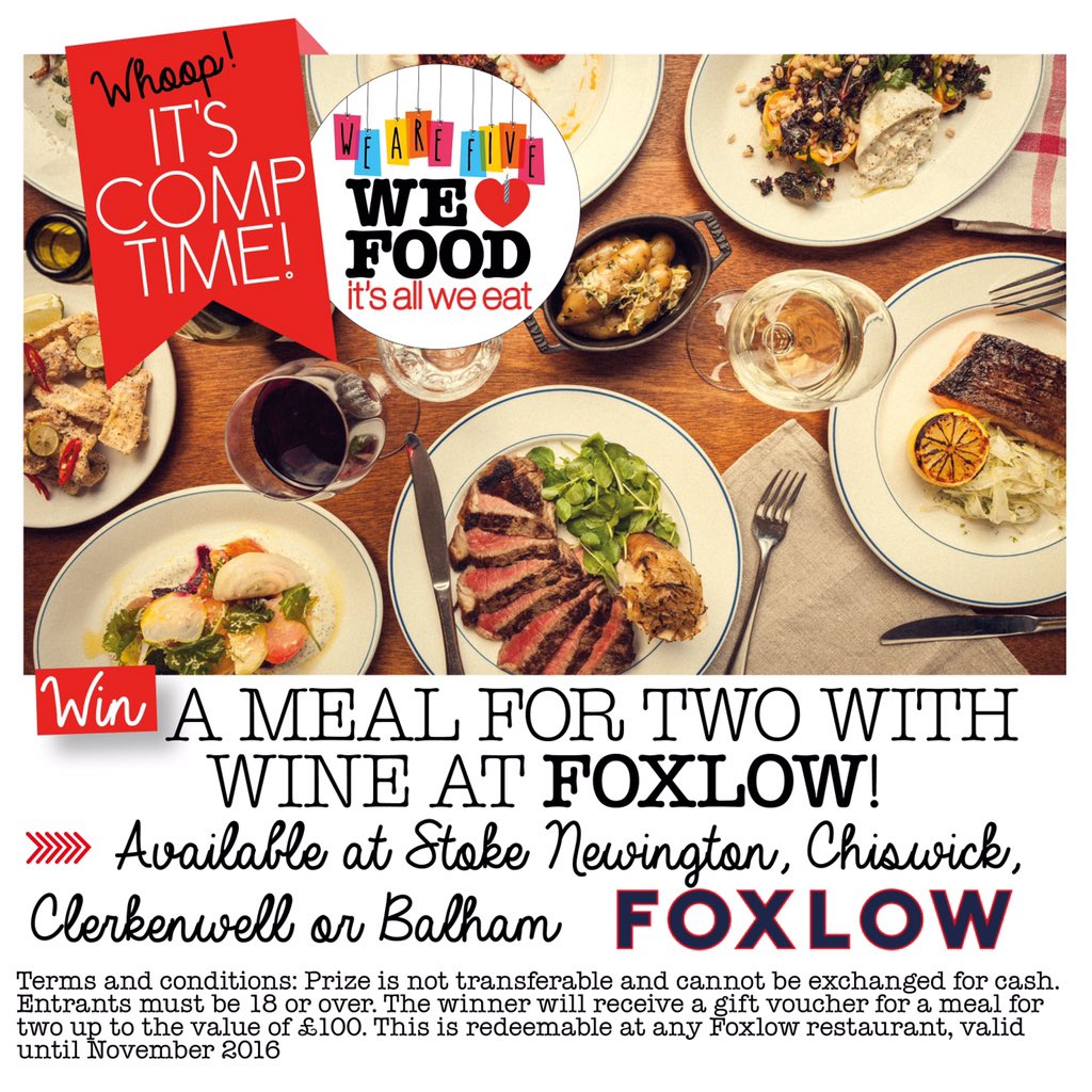 WeLoveFoodTweet's tweet photo. 🔜 Last chance! ★ WIN ★ A meal for two with wine at @FoxlowTweets! Just RT to enter, simple! #WLFisFive #win https://t.co/t1X2iOkxEp