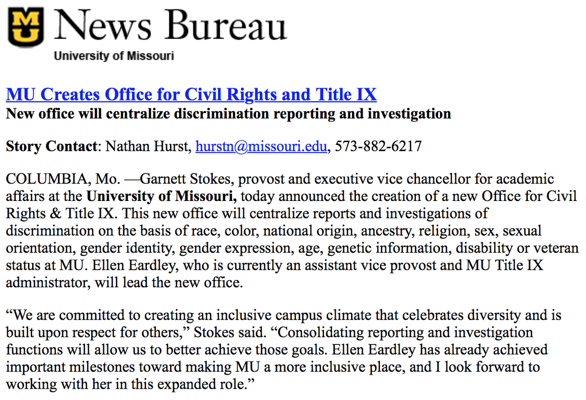 CoMissourian's tweet photo. .@Mizzou just announced the creation of an Office for Civil Rights and Title IX. https://t.co/ONgDZJjvWN