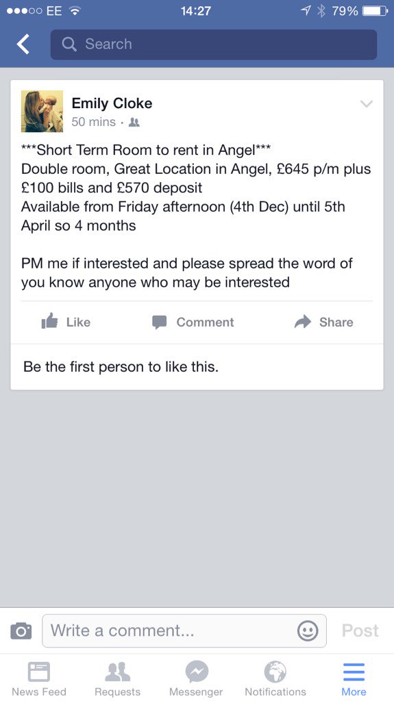 EmilyCBakes's tweet photo. ***Short Term Room to Rent in Angel***
4 months from Friday Double Room £645 p/m + £100 Bills + £570 deposit. https://t.co/iz9CEUeDzZ