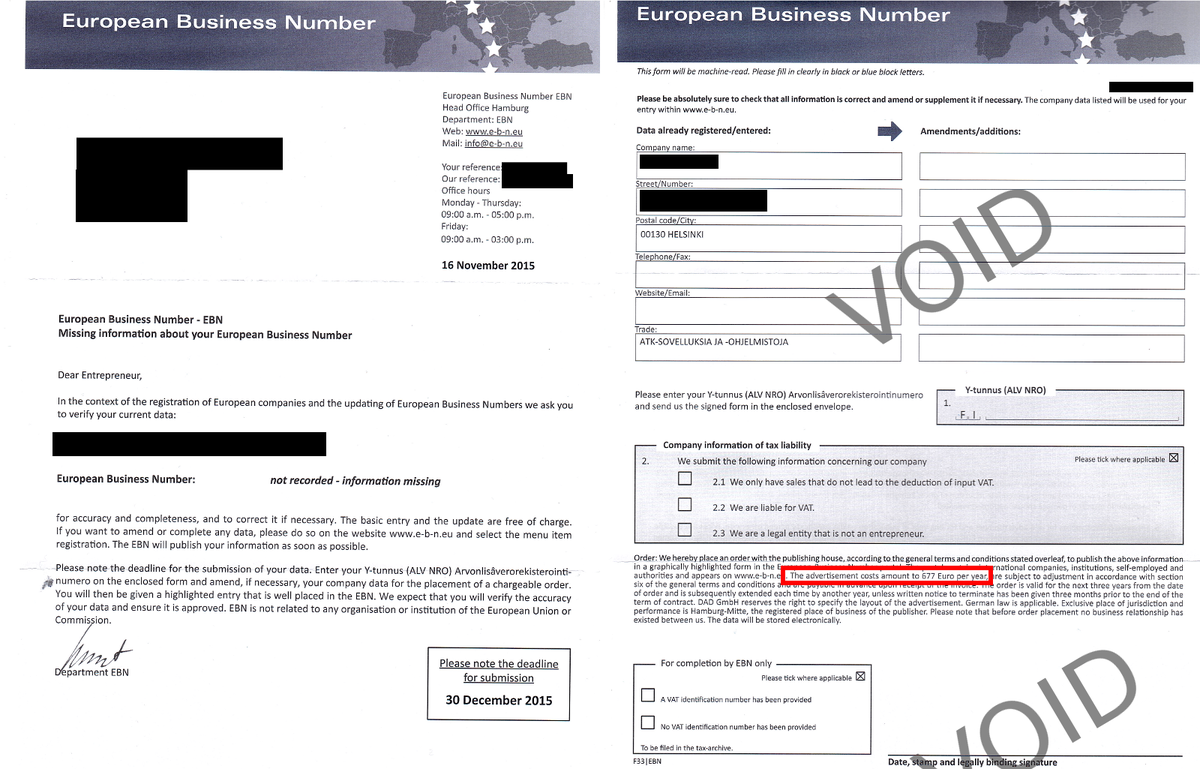 KoskinenMarkus's tweet photo. Stay frosty EU business owners - an official looking "European Business Number" scam is going around. https://t.co/pJbMlpXUdM