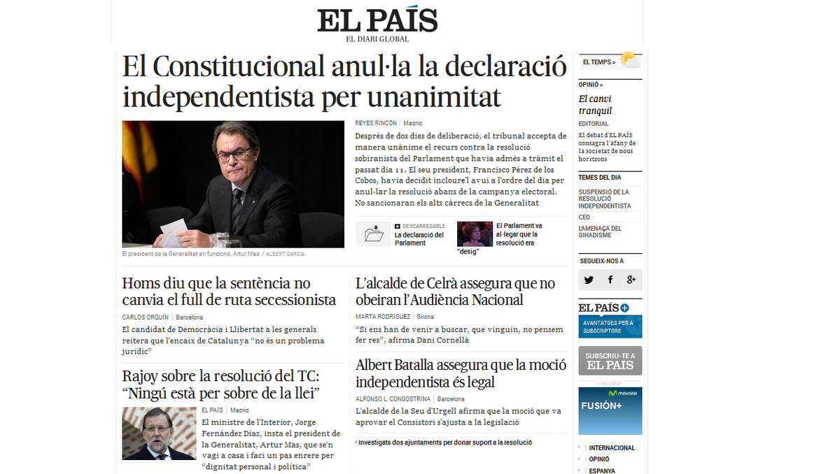 quadern_elpais's tweet photo. La suspensió de la resolució independentista i totes reaccions, a la portada d'@elpaiscat https://t.co/5KS8U21sDz https://t.co/nXowHjGzHN